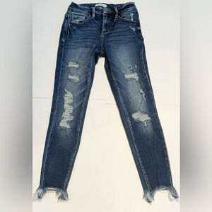 Kancan Women's Size 23 Mid Rise Ankle Skinny Distressed Raw Hem Jeans Pants